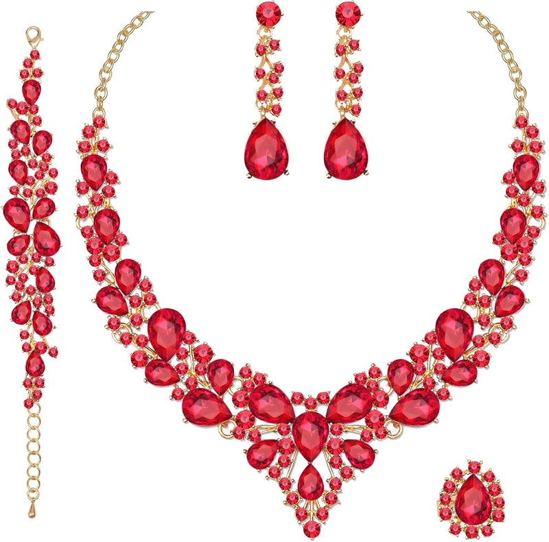 CSY 4 Pcs/Set Austrian Crystal Necklace Earrings Bracelet Ring Bridal Jewelry Sets for Brides Wedding Party Costume Accessories Gifts for Women - Image 1